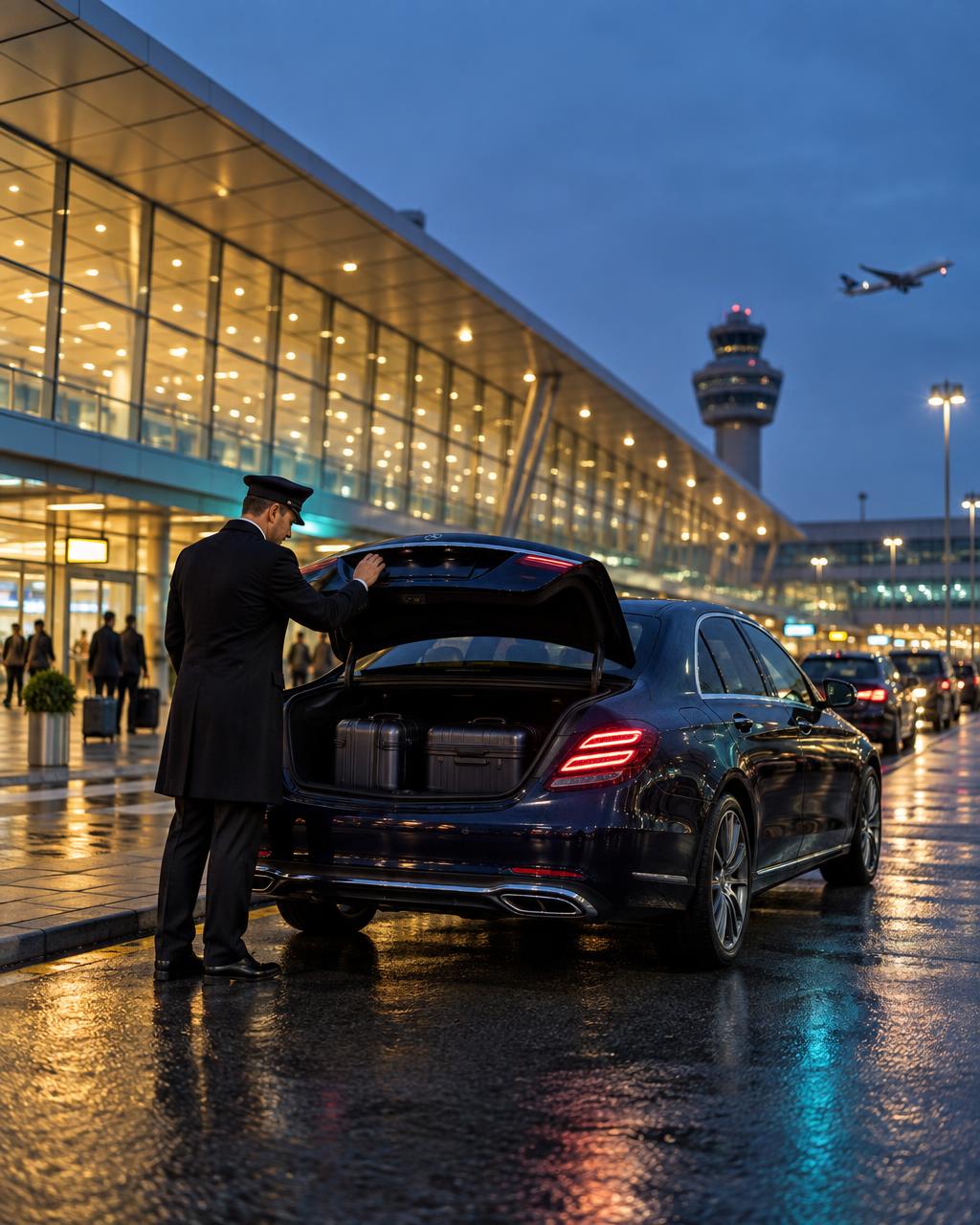 Zwarte businesstaxi wacht bij de terminal van Schiphol in de avond